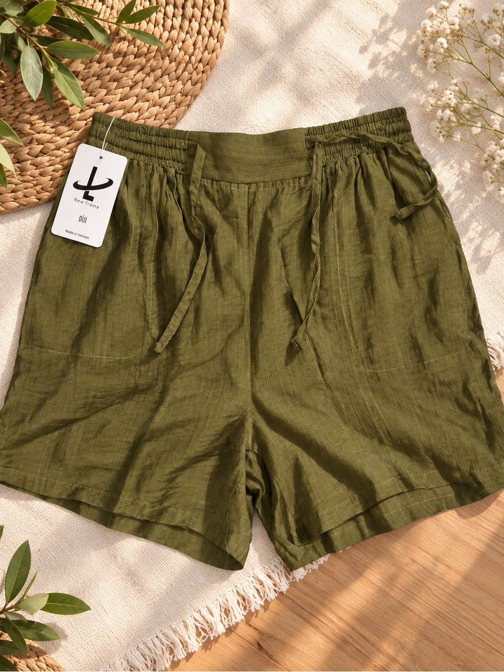 Casual Olive Drawstring Linen Blend Bermuda Shorts